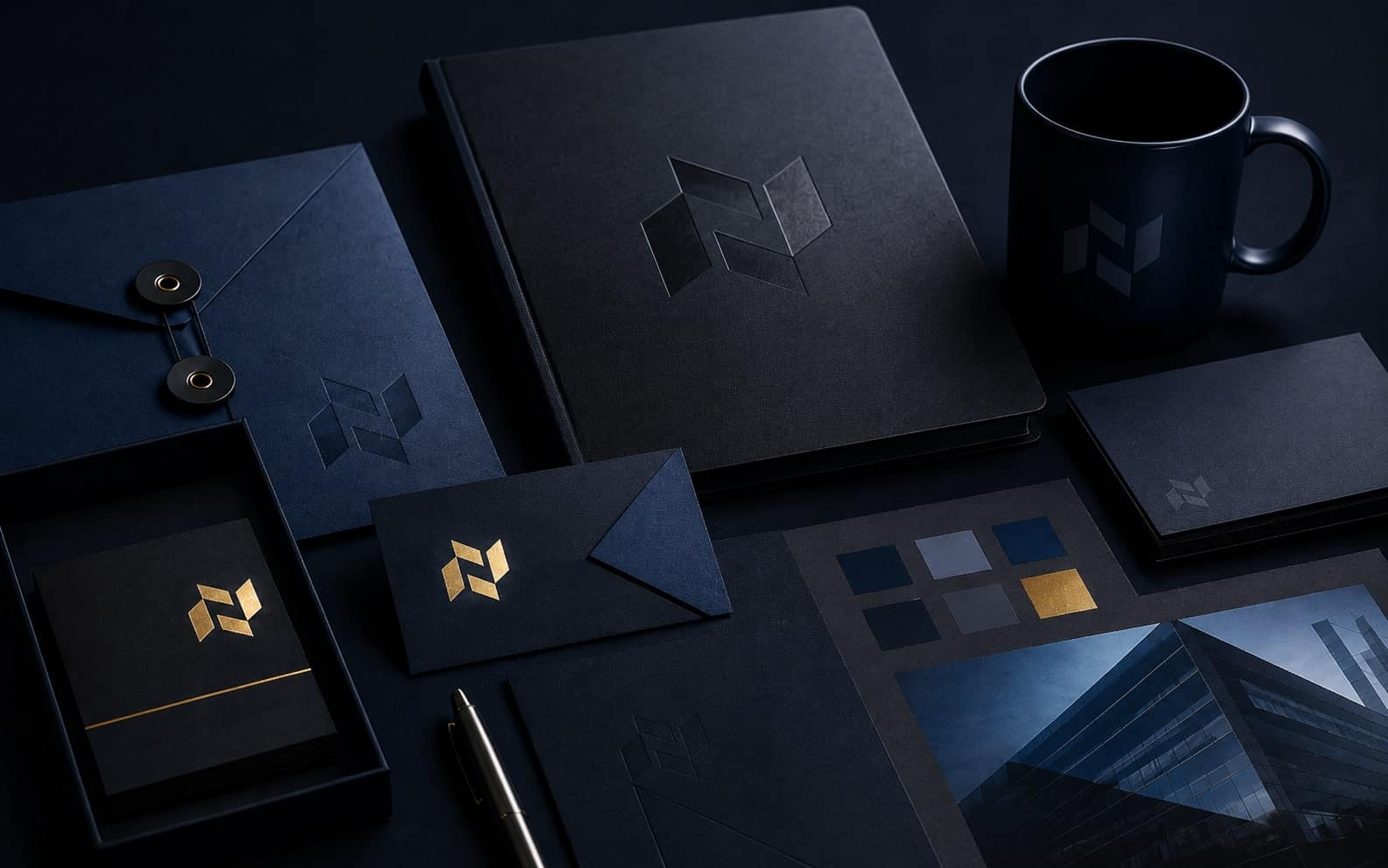 Brand stationery flat-lay: folder, notebook, mug, envelopes and a swatch card.