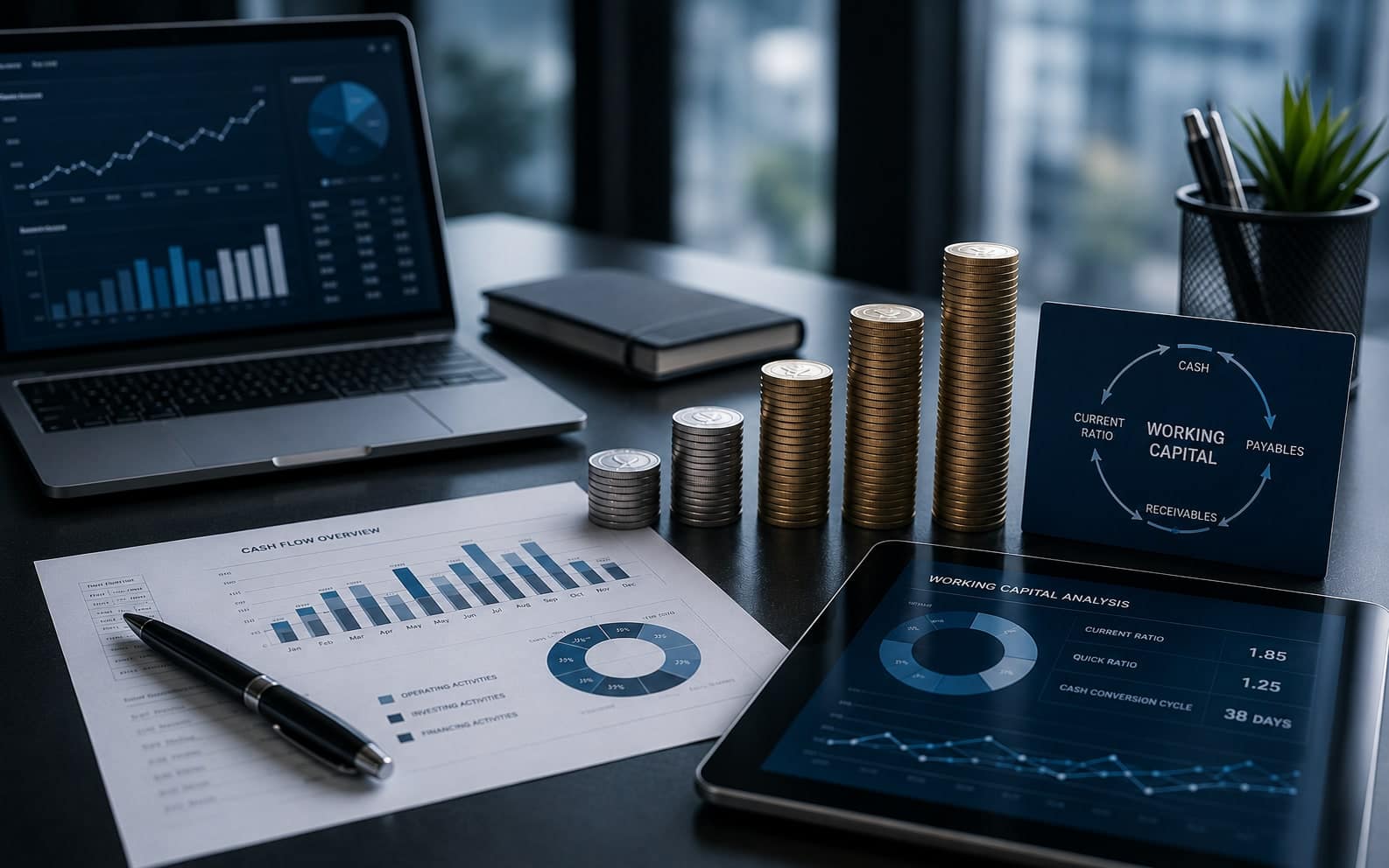 A laptop showing cash-flow charts beside a printed cash-flow report and coin stacks.