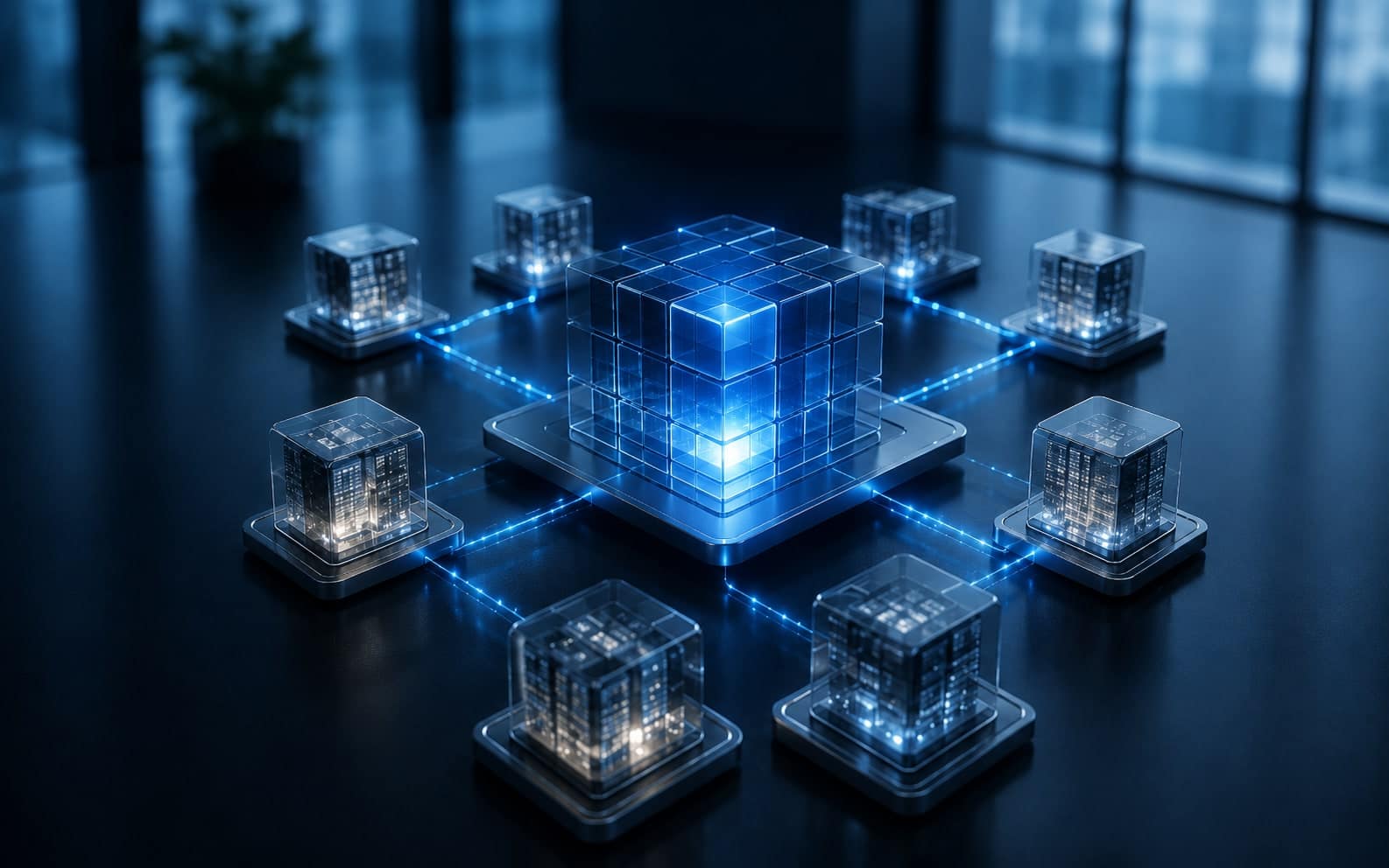 A glowing central cube linked by light trails to eight smaller modular cubes.