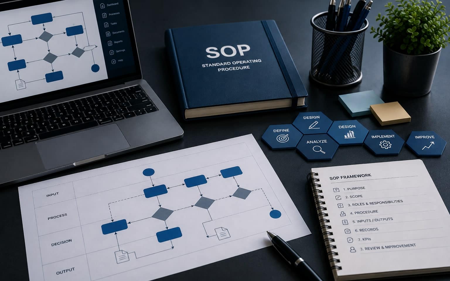 A printed process flowchart beside a standard operating procedure notebook.